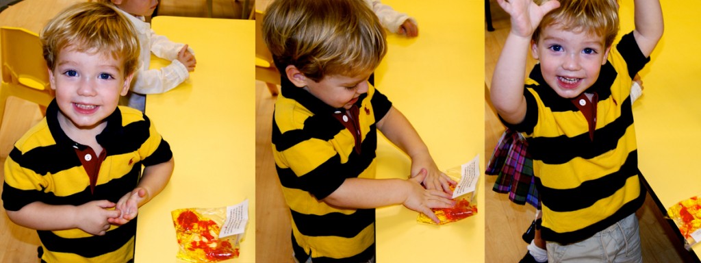 Mixing primary colors to produce secondary colors with the toddlers